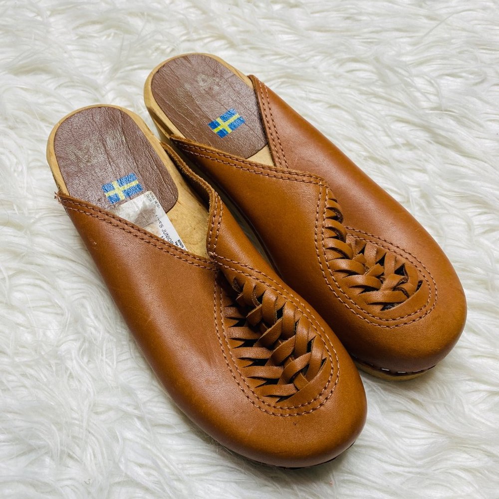 Mia Swedish Brown Clogs Bastad Original Woven Upper Leather Wood Womens Sz 36 5‎